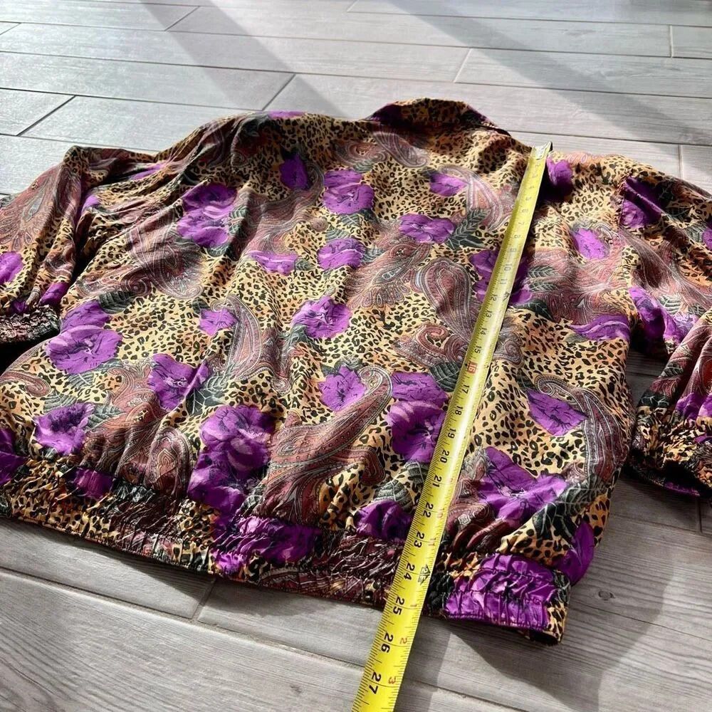 Retro Silk Road Womens Multicolor Paisley‎ Floral Animal Print Bomber Jacket M - Picture 7 of 8